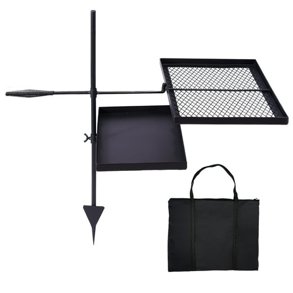 Swivel Campfire Grill Skillet Combo, Portable Heavy Duty Camping Grill Grate with Height Adjustable Grill Grate and Grill Pan and Carry Bag, Black