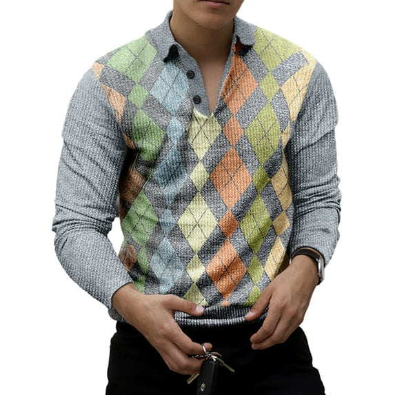 Avamo Men Casual Polo Shirt Long Sleeve Lapel Neck Color Block Print Tops Pullover