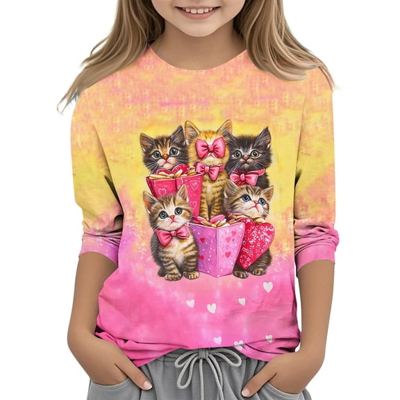 Kids' Valentine's Day Graphic T-Shirt Cute Cat Printed 3/4 Sleeve Tee Crew Neck Festive Holiday Top