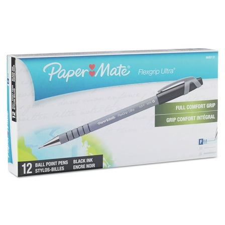 Paper Mate FlexGrip Ultra Non-Retractable Ballpoint Stick Pen, Black, Pack of 12