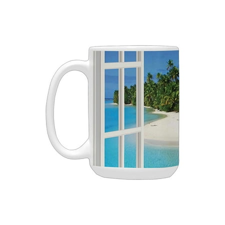 

Turquoise Ocean Paradise Island View from Gazebo Palm Tree Beach Theme Pictures Arts Blue Green Whit Ceramic Mug (15 OZ) (Made In USA)