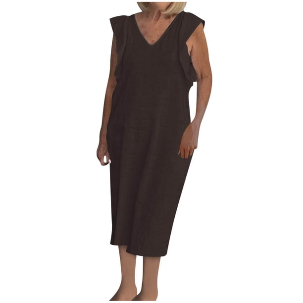 Vestido de Verano para las Mujeres sin Mangas Cuello en V con Mangas Voladoras, Color Sólido Y Vestido Sexy Fluido para las Mujeres