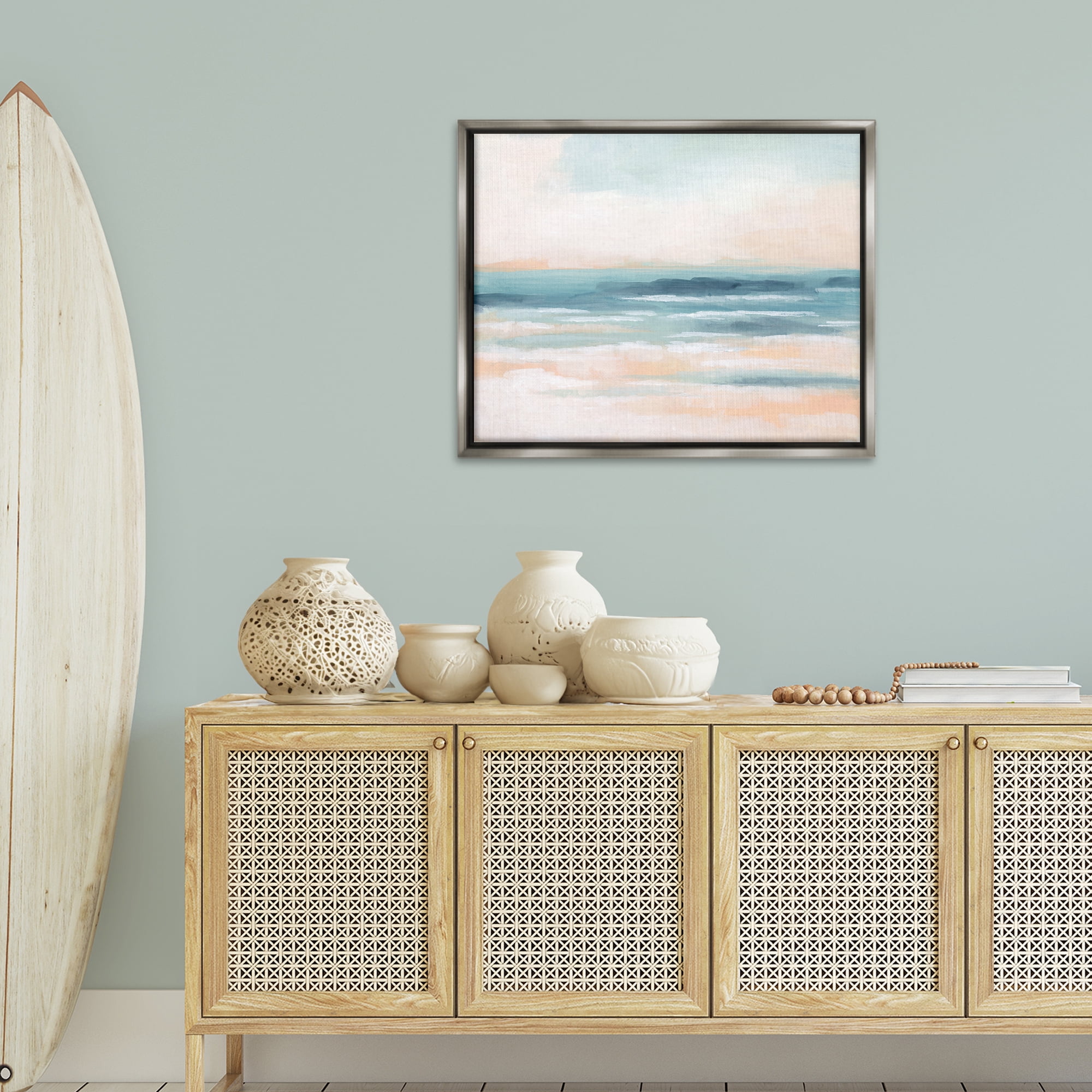 Stupell Industries Pastel Beach Coast Landscape Painting Gray Floater Framed Canvas Art Print Wall Art, 31 x 25