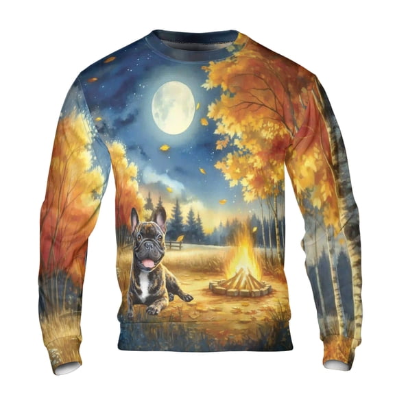 Hello Fall French Bulldog Enjoys Warm Campfire Autumn Night Bright Moon All Over Print 3D Sweatshirt Unisex Merch Dog Lover Gifts - 01008