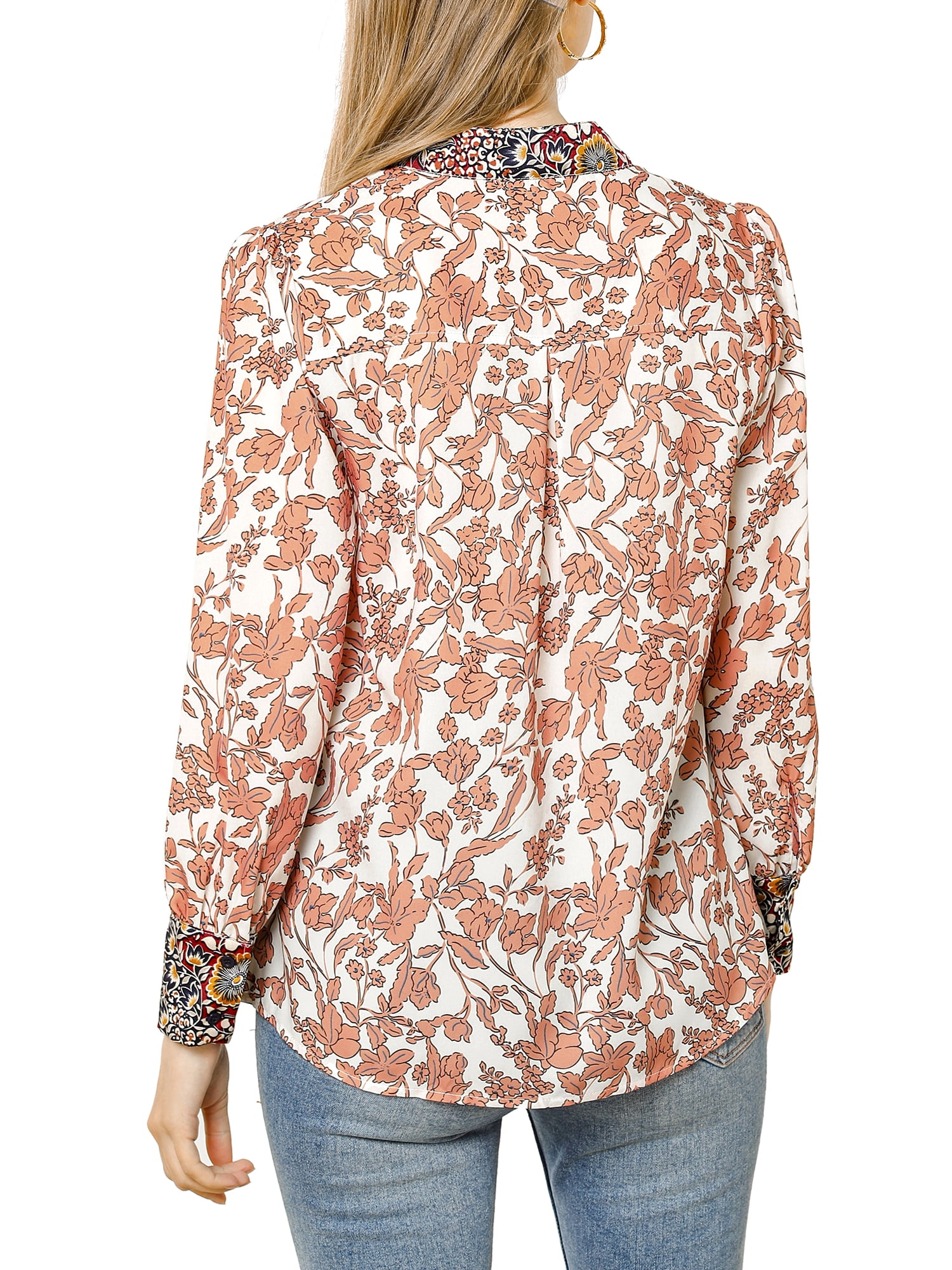 Unique Bargains Women's Boho Floral Printed Shirt V Neck Pussy Bow Blouse