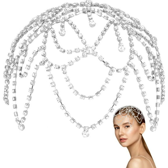 1920s Cap Headpiece Flower Rhinestone Head Chain Silver Roaring 20s Great Gatsby Hair Accessories Hair Chain Hat for Bridal Cosplay Art Decor Party (with 2Pcs Hair Clip)