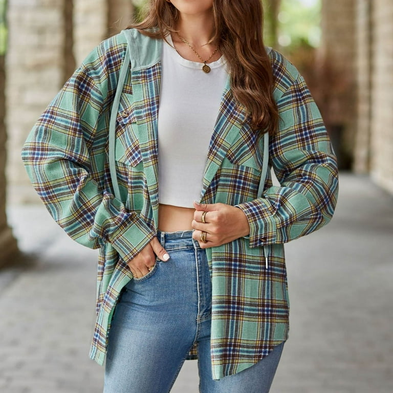 Women's Flannel Hooded Shirt Jacket, Womens Shirt Jackets, Shackets