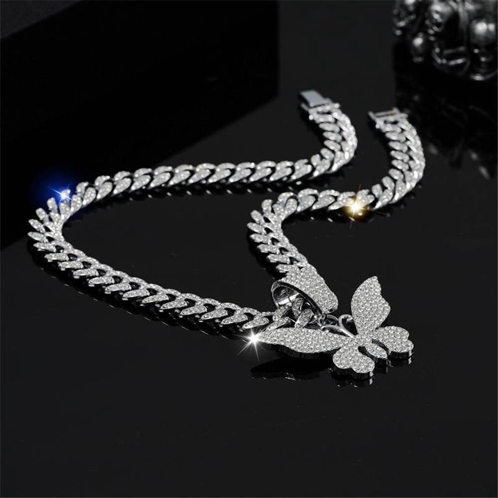 Men Women Hip Hop New Butterfly Pendant Necklace 15mm Crystal Cuban Chain HipHop Iced Out Bling Necklaces Fashion Charm Jewelry