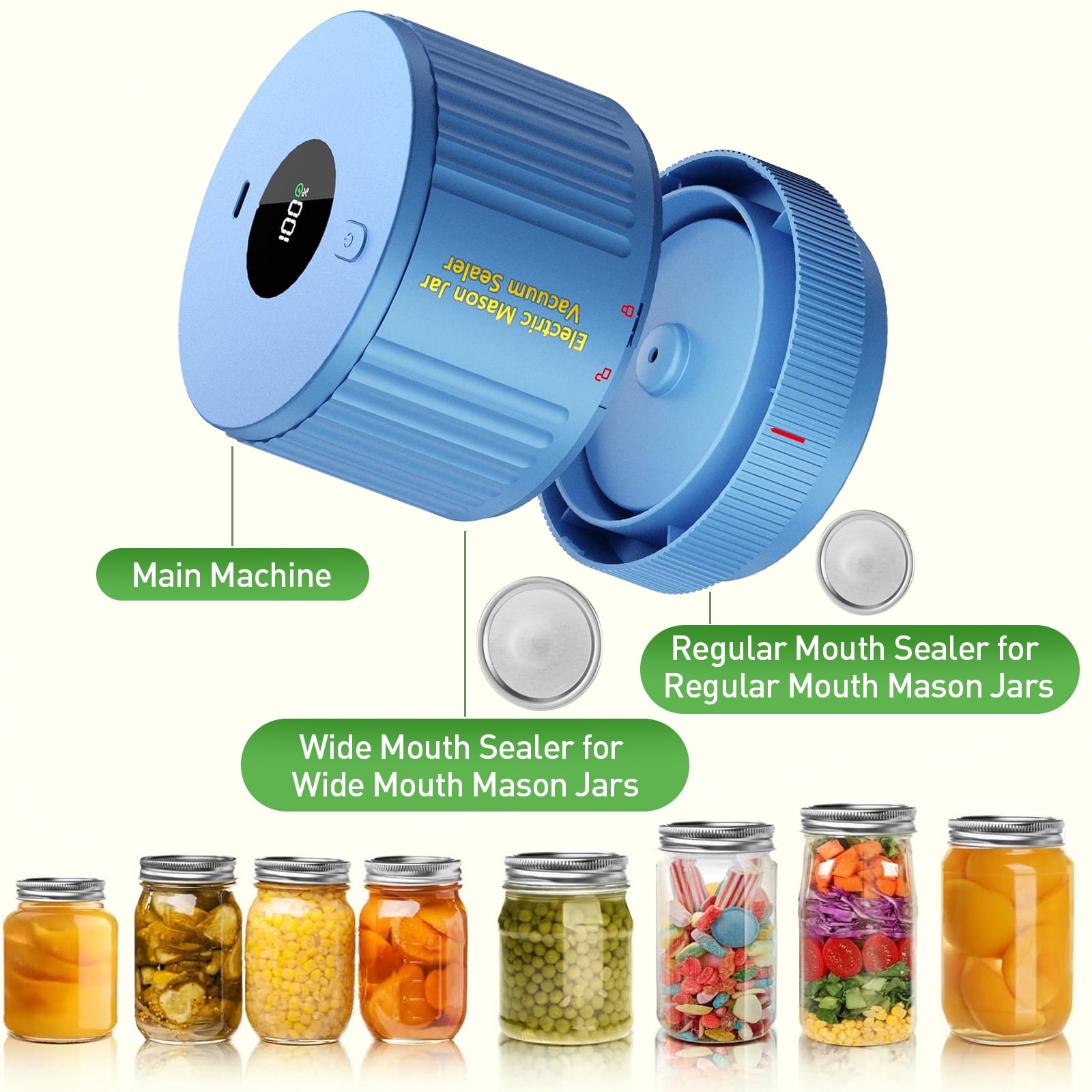 AARTVARK TEES Electric Mason Jar Vacuum Sealer, Vacuum Sealer Kit for Wide-Mouth & Regular-Mouth Mason Jars, Food Storage and Fermentation, Blue