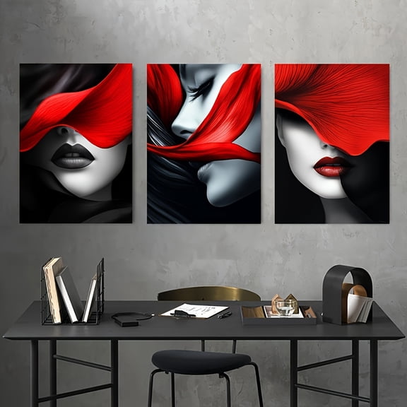[Lip Canvas Art for Home Office] Modern Glam Red & Black Lip Canvas Art Prints, 3pcs Set - Frameless Wall Decor for Living Room, Bedroom, Home Office