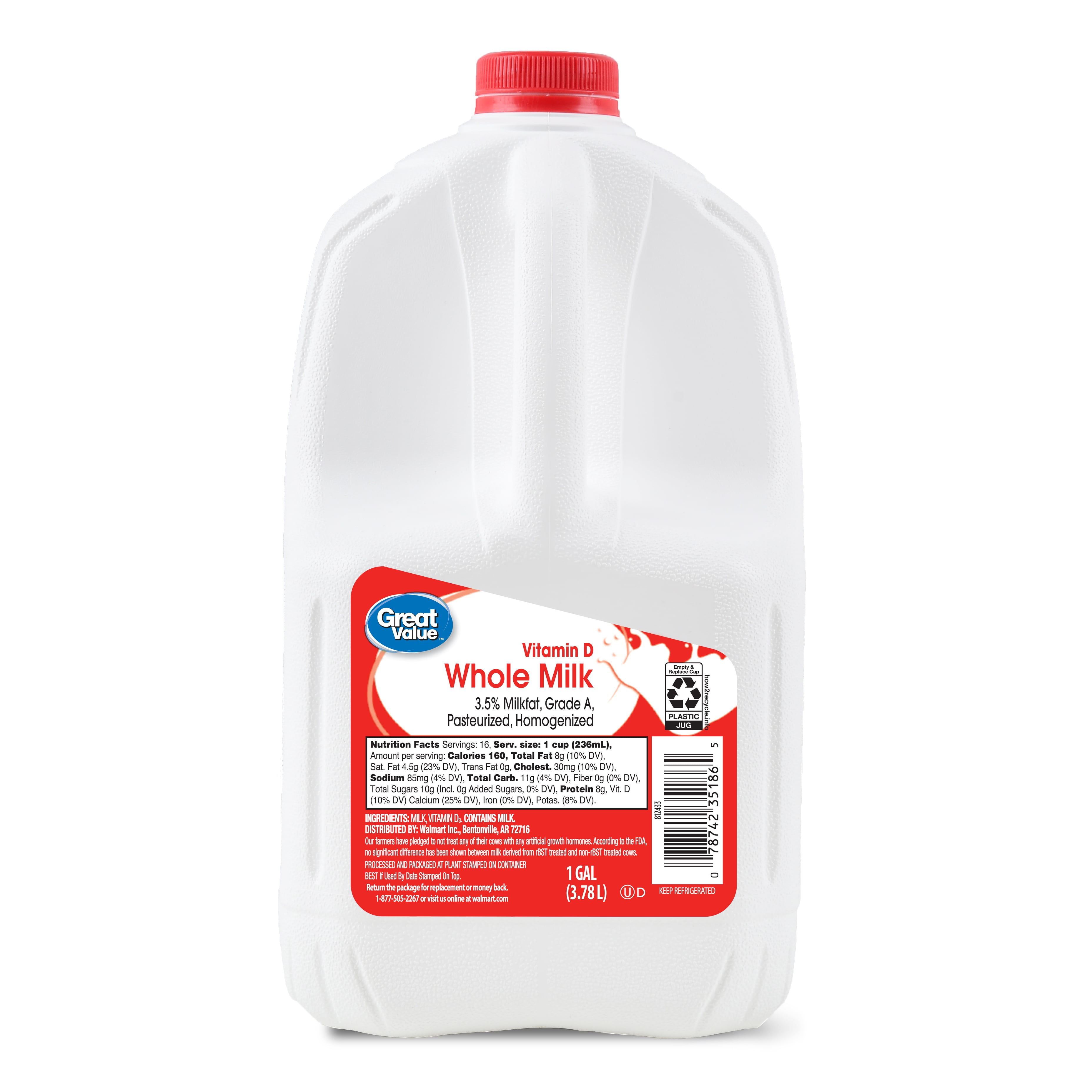 Great Value Whole Vitamin D Milk, Gallon, 128 fl oz