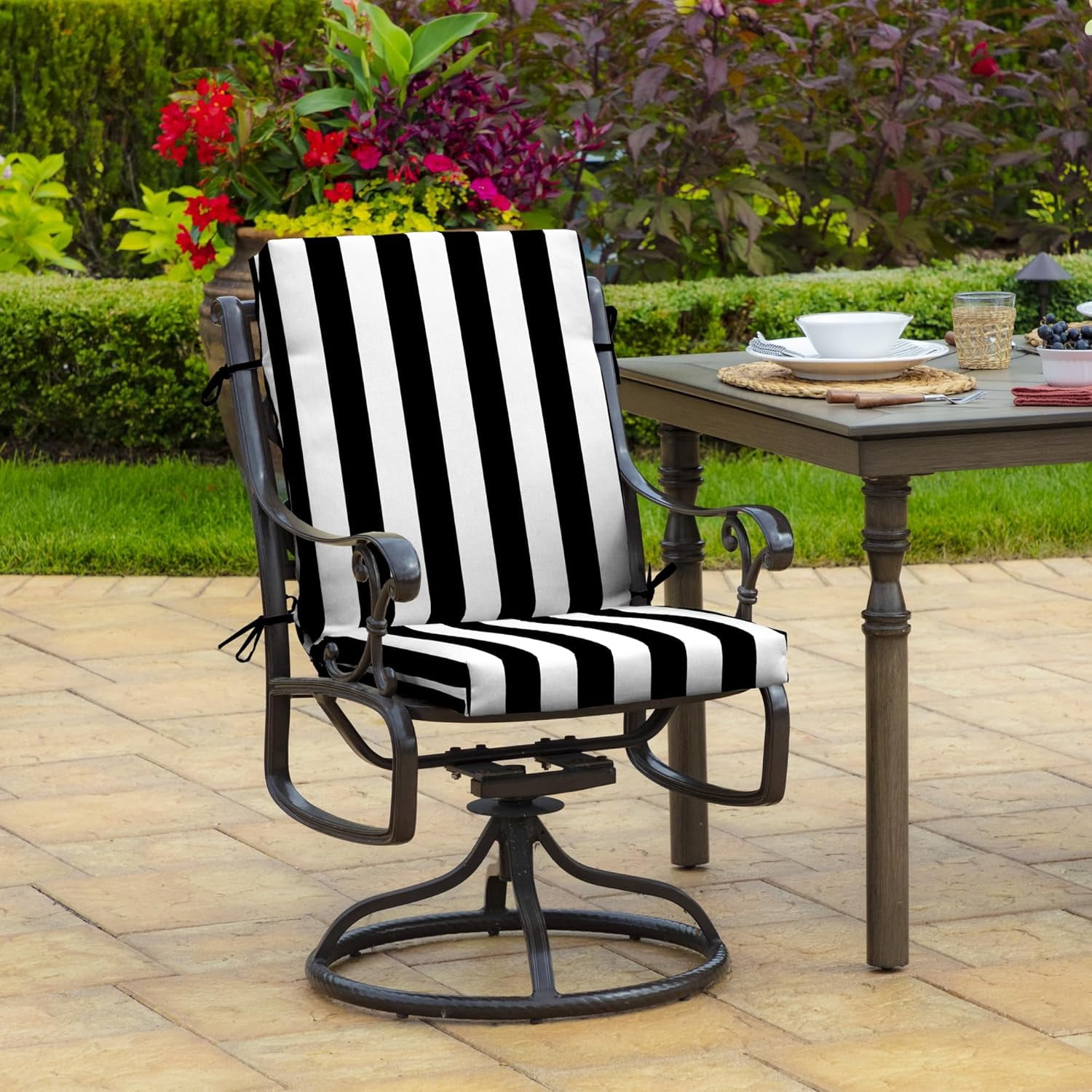 Arden Outdoor Patio Dining Chair Cushion, 20x44, Rain-Proof Seat Pad, Fade-Resistant Outdoor Cushion Black Cabana Stripe
