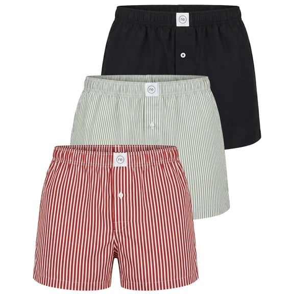 Real Essentials 3 Pack: Men's Woven Cotton Poplin Lounge Shorts Sleep Casual Comfy Loose Fit Elastic Waist PJ Bottoms Pockets