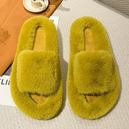 

PIKADINGNIS Winter House Women Fur Slippers Fashion Cross Band Warm Plush Ladies Fluffy Shoes Cozy Open Toe Indoor Fuzzy Slides For Girls