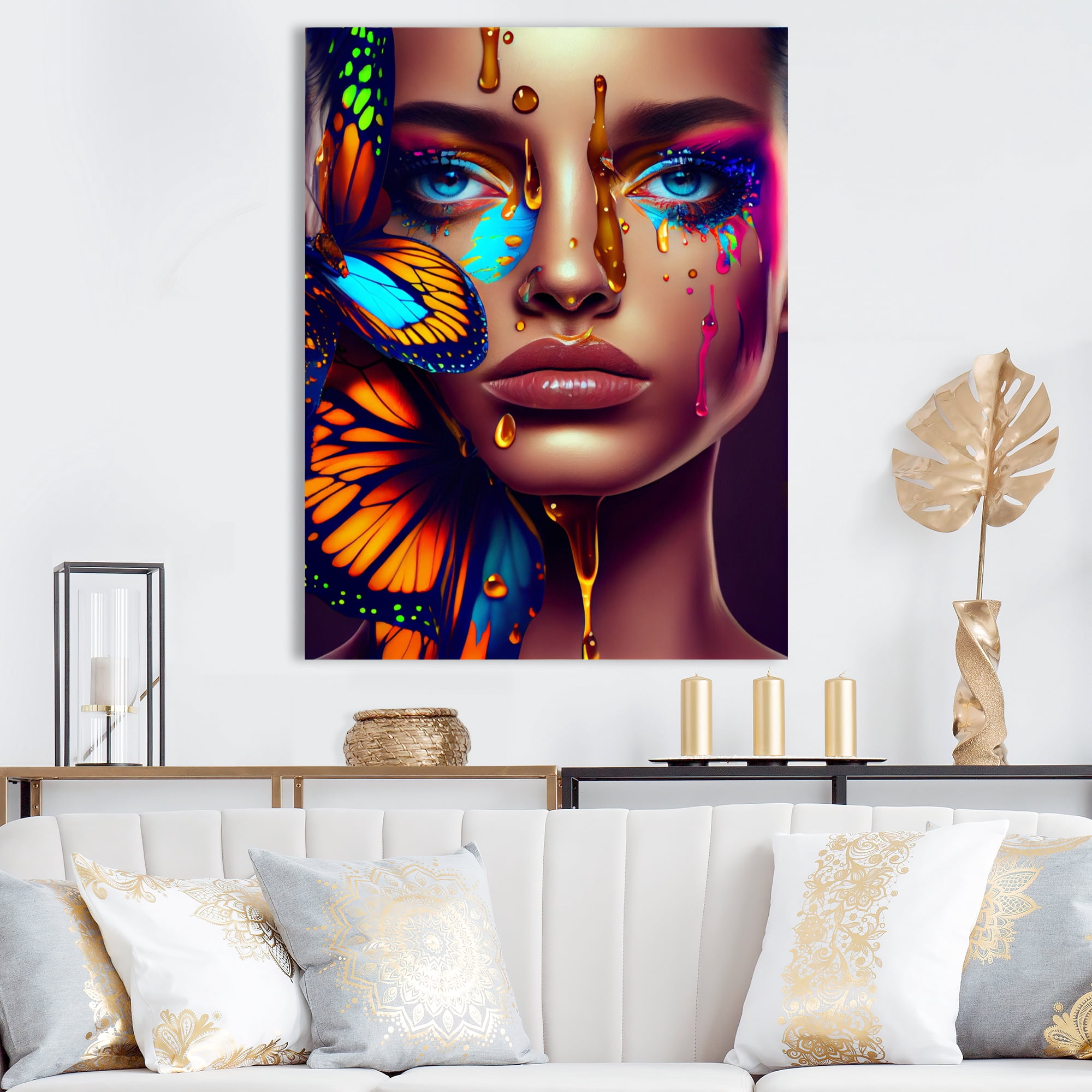Designart Sensual Woman With Colorful Butterfly I Canvas Wall Art