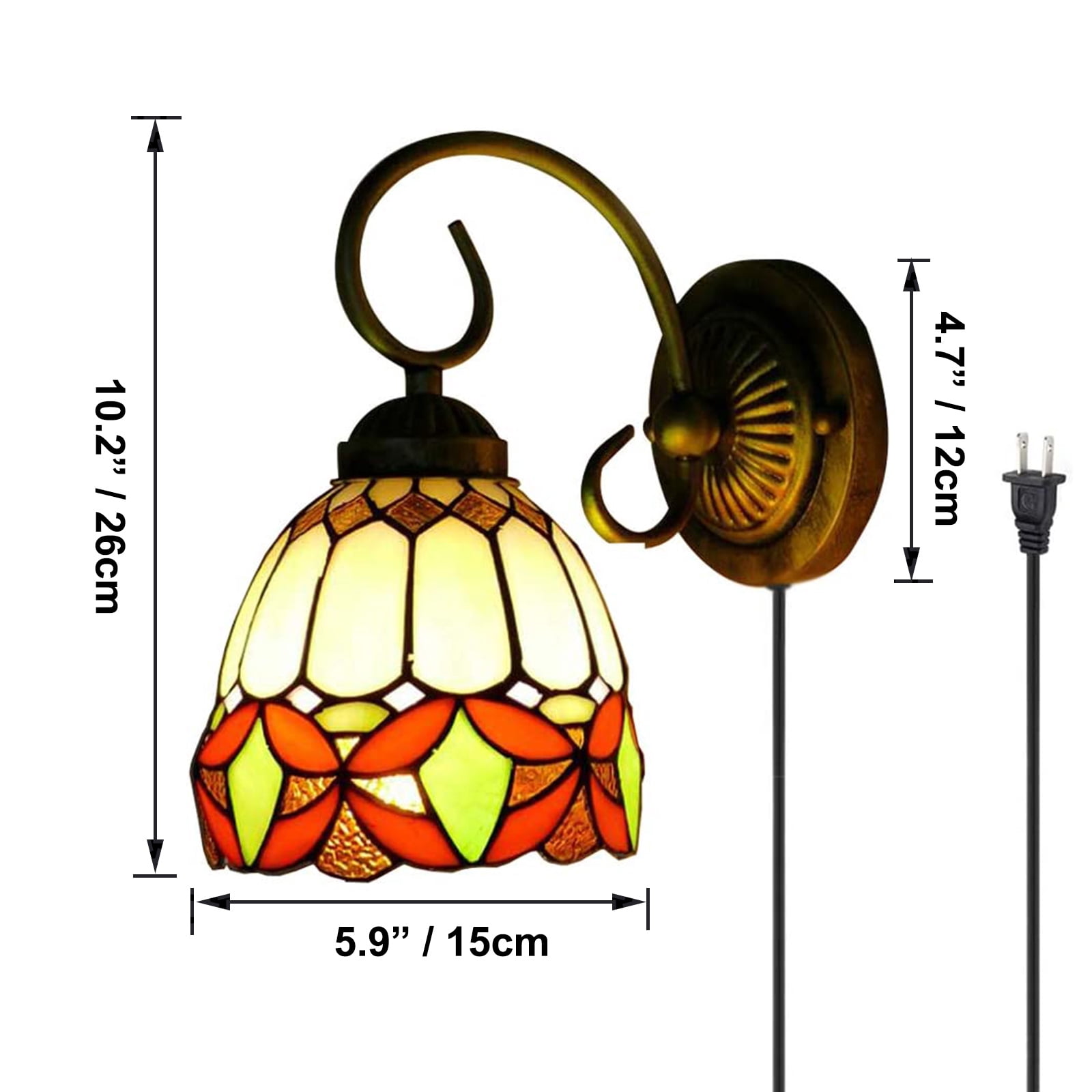 Kiven Plug in Black Wall Lamp Tiffany Style Dimmable Plug in Wall Sconce with Timer, Glass Lampshade, 5.9ft Plug-in Cord, E26 Socket