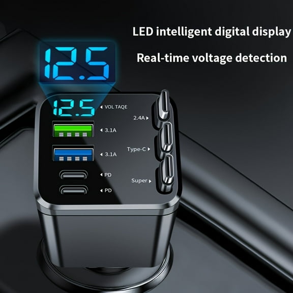 [Super Fast Car Charger] 120W Super Fast Charging One-to-five Car Mobile Phone Charger with Telescopic Cable | Five-in-one Cigarette Lighter Car Charger