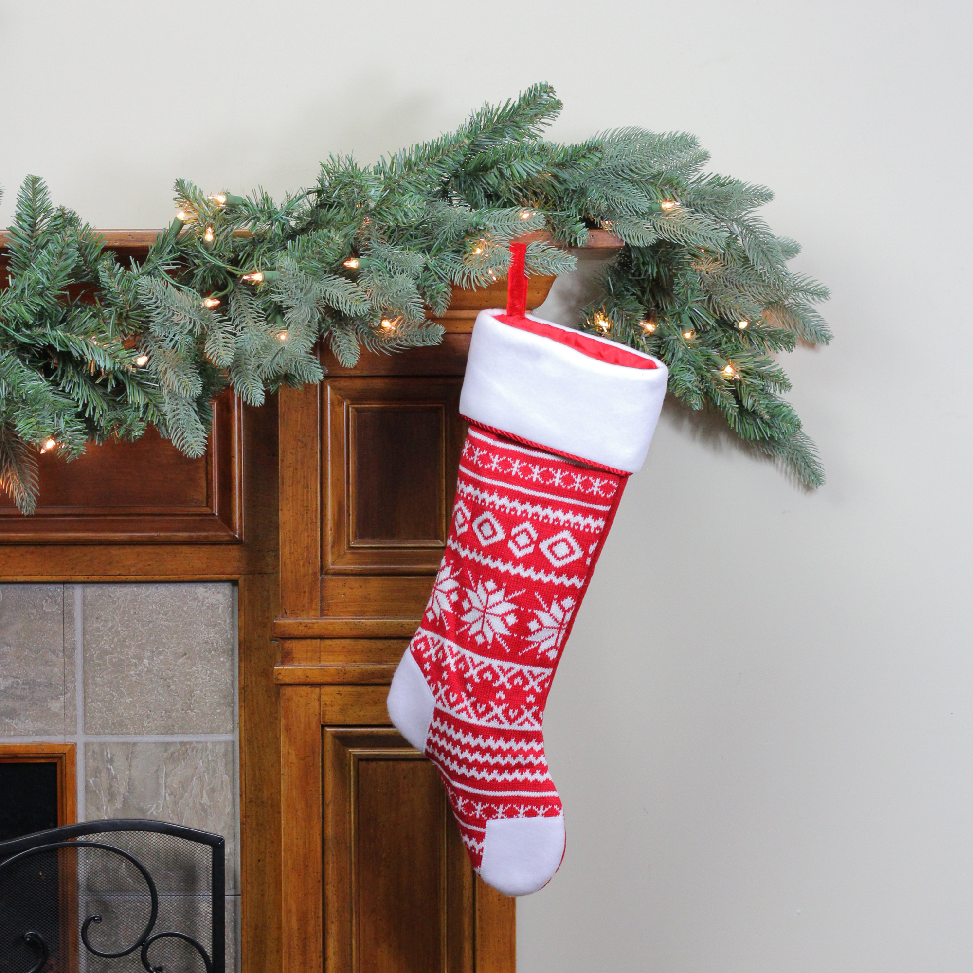 21.5" Alpine Chic Red and White Knitted Snowflake Christmas Stocking with White Fleece Cuff