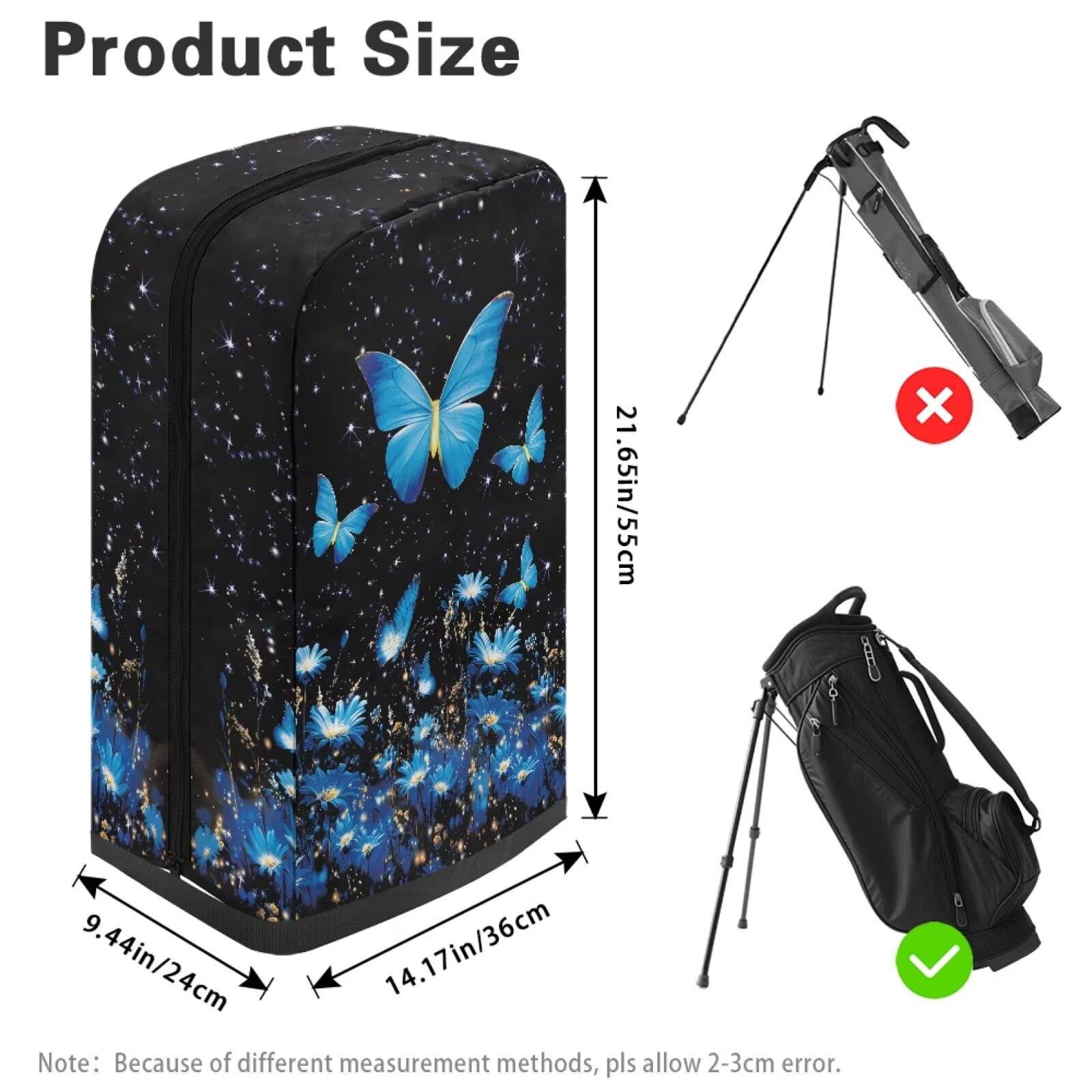 Chririnla Blue Butterfly Floral Golf Bag Rain Cover Waterproof Hood with Snap Button Dust Cover for Clubs Universal Fit for Stand Bags, Cart Bags & Tour Bags