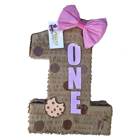 APINATA4U 20'' Tall Number One Piñata Cookie Theme with Pink Bow