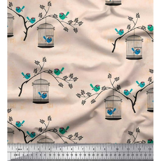 Soimoi Cotton Voile Fabric Branches,Cage & Bird Print Sewing Fabric Yard 56 Inch Wide