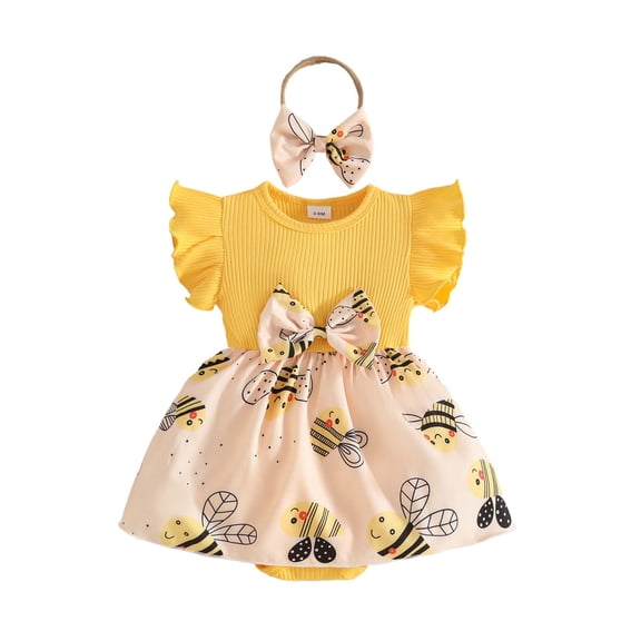 Wxirdiow Baby Summer Clothes Girl Preemie Baby Girl Tutu Romper Infant Tulle Lace Dresses Clothes Summer Puff Sleeves Outfits Yellow Size,9-12 Months
