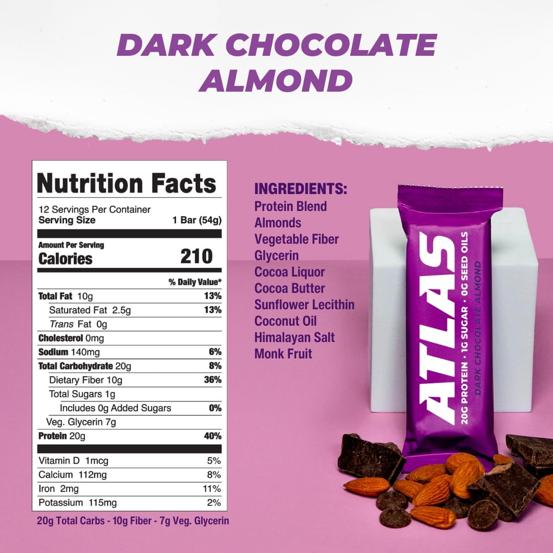Atlas Protein Bar, Dark Chocolate Almond, 20g Protein, 1g Sugar, 0g Seed Oil, 12-Pack