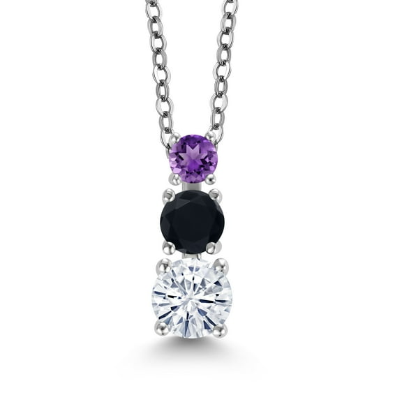Gem Stone King White Moissanite Black Onyx Purple Amethyst 3 Stone Pendant Necklace for Women (0.82 cttw, Gemstone Birthstone, Round 5MM, 4MM and 3MM, with 18 inch Chain)