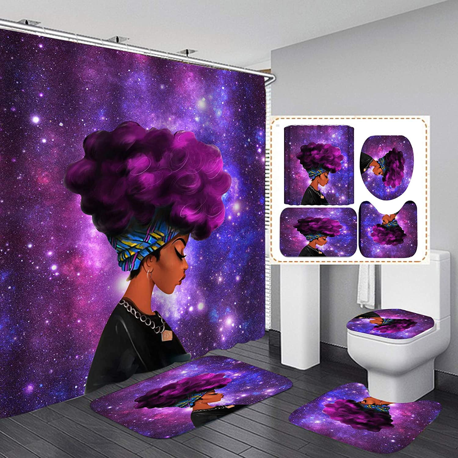 3D African Woman Bathroom Shower Curtain Set Bath Mat Lid Toilet Seat Cover Rug 