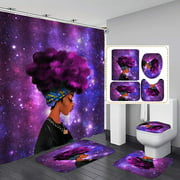 4 PCS African Fashion Woman Shower Curtain Sets with Non-Slip Rugs and Toilet Lid Cover Purple Galaxy Lady Bath Decor Shower Curtains 72"x 72" with 12 Hooks Durable Waterproof for Bathroom