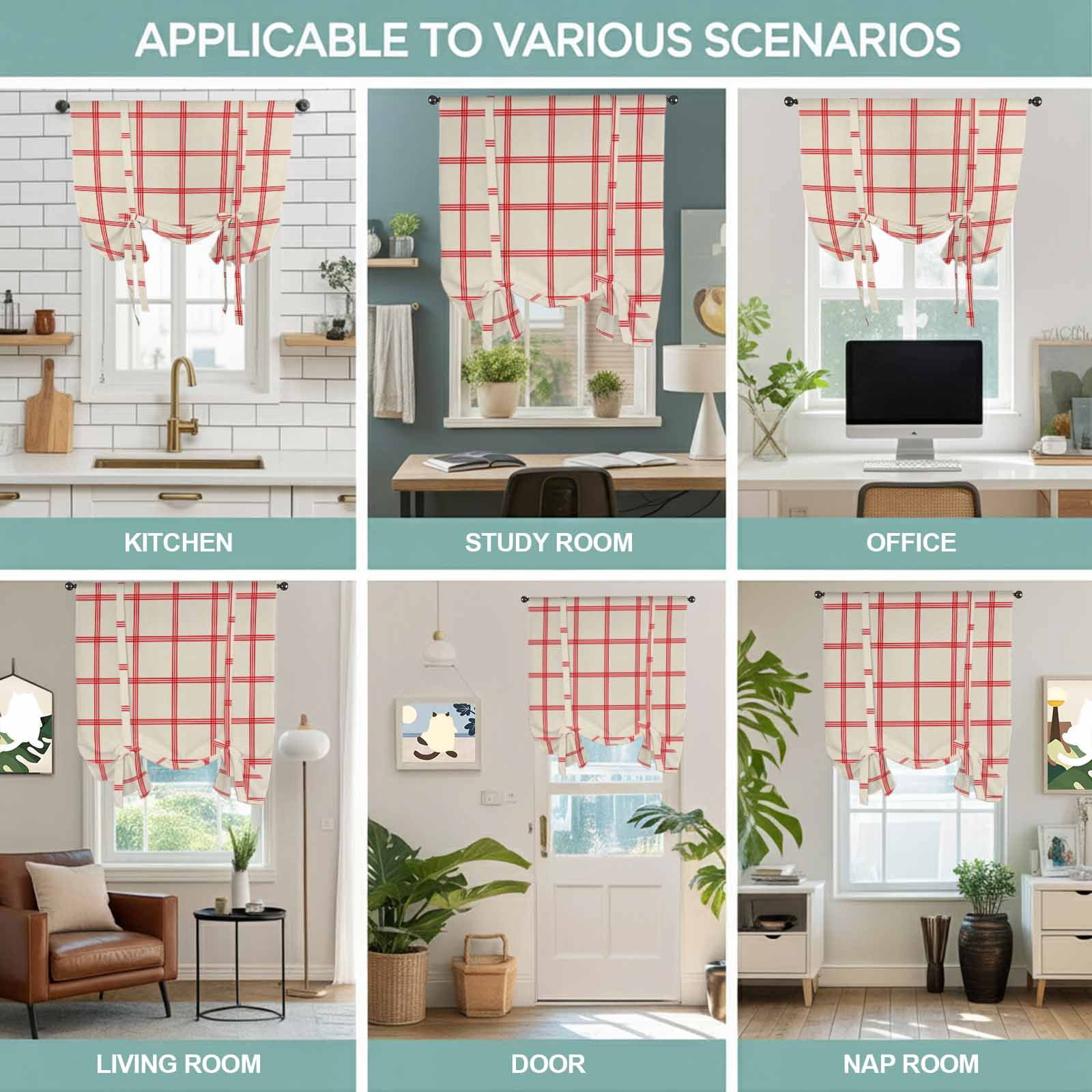 Yellow Buffalo Plaid Balloon Curtains 63 Inch Length for Living Room/Bedroom, Red Lines Grid Pattern Vintage Rod Pocket Privacy Door Curtains Decorative Tie Up Shade for Window 52"x63"