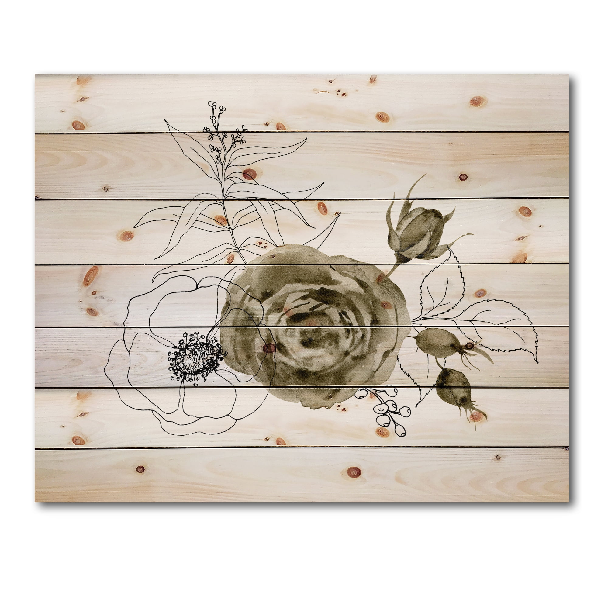 Designart 'Eucalyptus Branches With Anemone Bouquet Flower I' Traditional Print on Natural Pine Wood