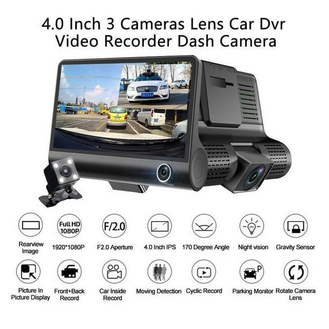 3 Channel Dash Cam Front and Rear Inside1080P+48P+480P Three Way Car Camera 4” LCD Display Car Driving Recorder with Night Vision