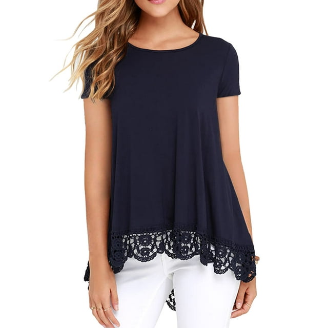 JWD Women's Tops Short Sleeve Lace Trim O-Neck A Line Tunic Blouse Navy ...