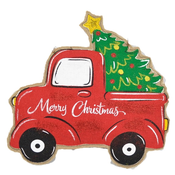 Vintage Truck Hauling Christmas Tree Door Hanger Holiday Door Decorations - Or Holiday Season Wall Hanging - Large 18 x 11 Size - On Burlap
