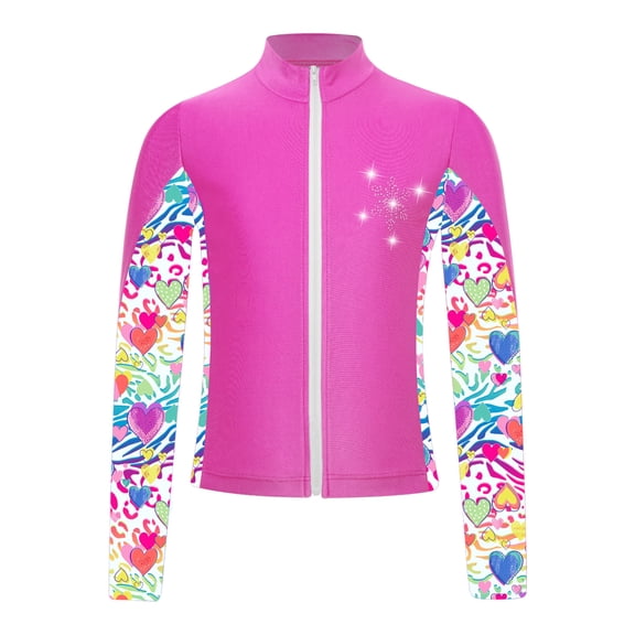 Vxuxlje Kids Girls Athletic Sport Jacket Long Sleeve Zipper Figure Ice Skating Training Coat Top Hot Pink 12
