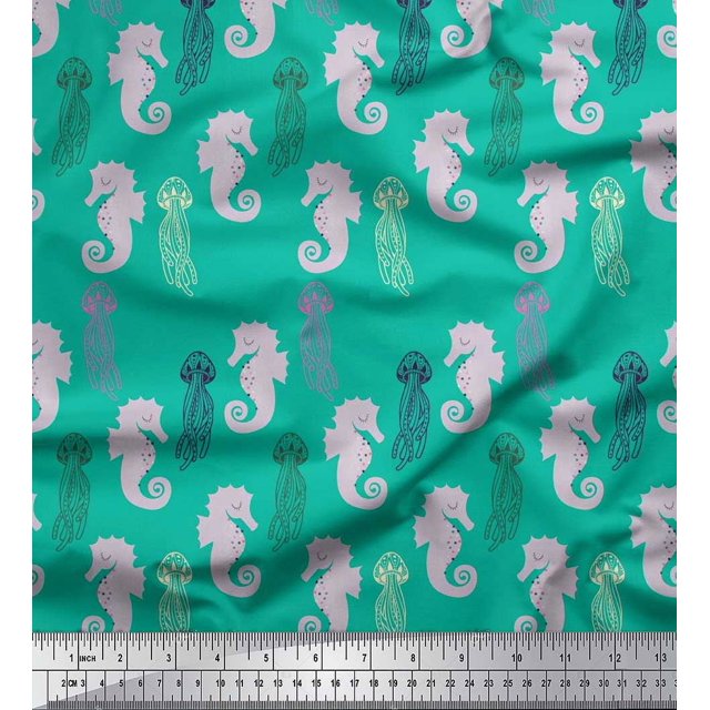 Soimoi Rayon Fabric Jellyfish & Seahorse Ocean Print Sewing Fabric Yard 42 Inch Wide
