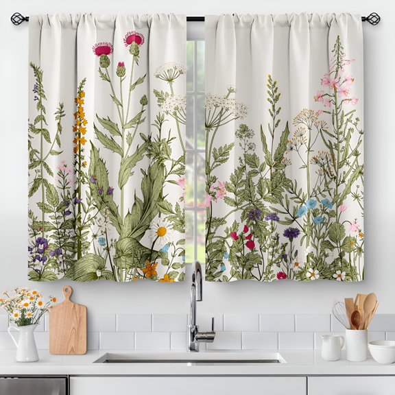 AUQ Floral Rustic Plant Kitchen Curtains - Spring Flower Botanical Vintage Farmhouse Country Green Leaves Cafe Short Tier Curtains Decor Wildflower Rod Pocket Window Drapes 36" Length 2 Panels Set