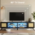 thumbnail image 4 of Bestier 80" TV Stand with LED for TVs up to 85", Rattan Mid Century Modern Entertainment Center, Black, 4 of 12