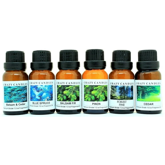 Crazy Candles 6 Bottles Set (Made in USA) 1 Balsam & Cedar, 1 Balsam Fir, 1 Blue Spruce, 1 Forest Pine, 1 Pinon, 1 Cedar 1/2 Fl Oz Each (15ml) Premium Grade Scented Fragrance Oils