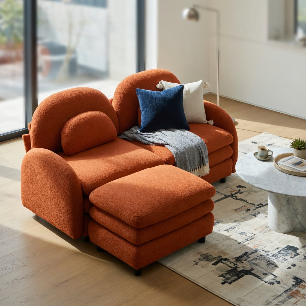 Hommoo Teddy Fleece 2-Seat Modular Loveseat Sofa with Movable Ottoman, Cloud-Like Double-Layer Cushions & Curved Lumbar Pillows, Orange