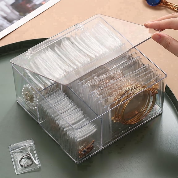 IZEYNO Acrylic Jewelry Organizers with 60 Portable Anti Tarnish Jewelry Bags, Travel Jewelry Case for Earrings Rings Necklaces