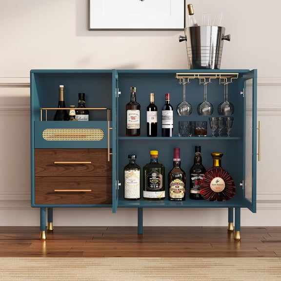ARTPOWER 48" Coffee Bar Cabinet with Wine Racks and Drawers, Modern Buffet Sideboard with Pull-Out Wine Storage, Liquor Bar Cart for Kitchen, Dining Room, Living Room (Blue)