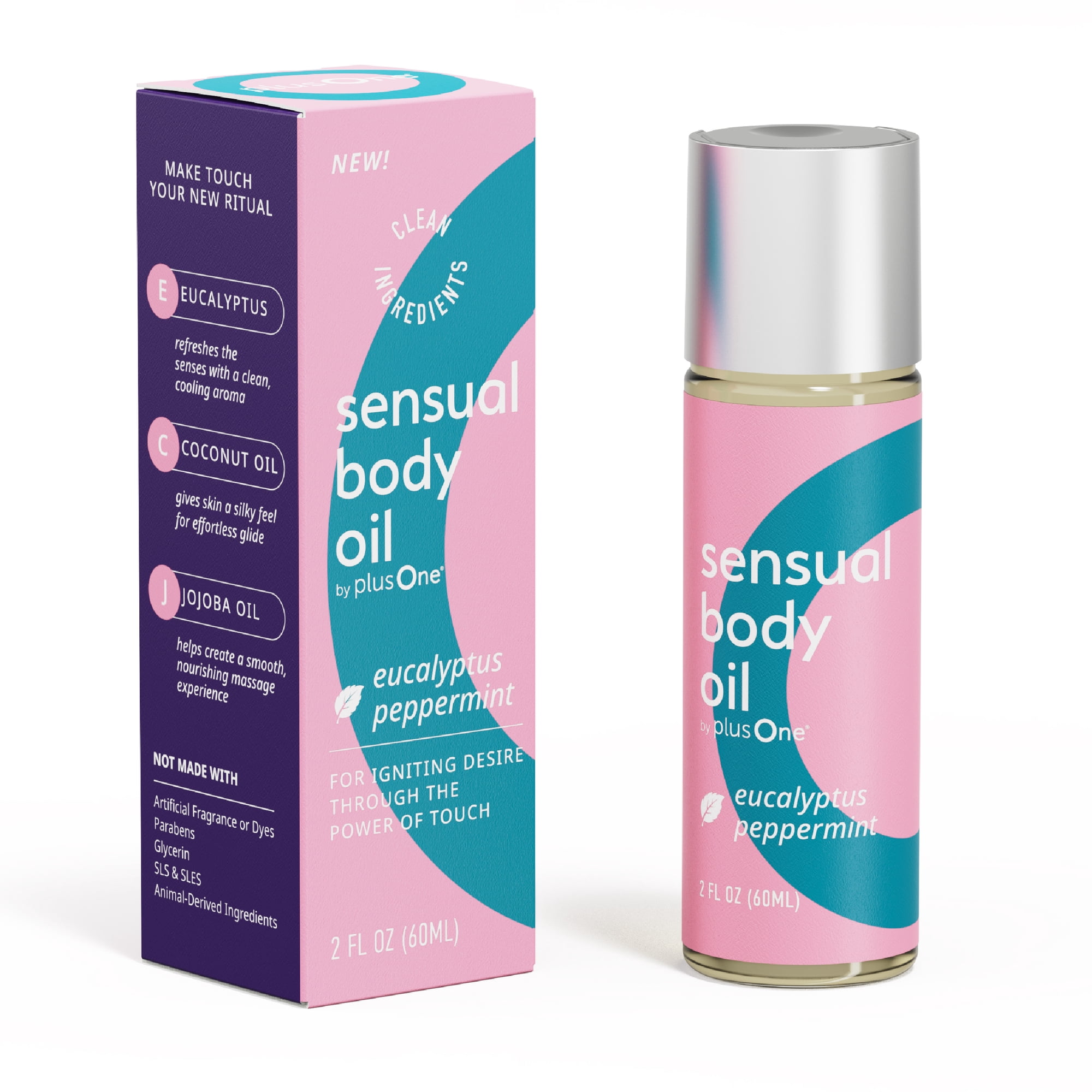 plusOne Sensual Body Oil – Peppermint & Eucalyptus Cooling Massage Oil – Refreshing Skin Care for Couples & Solo Wellness – Vegan – 2 fl oz