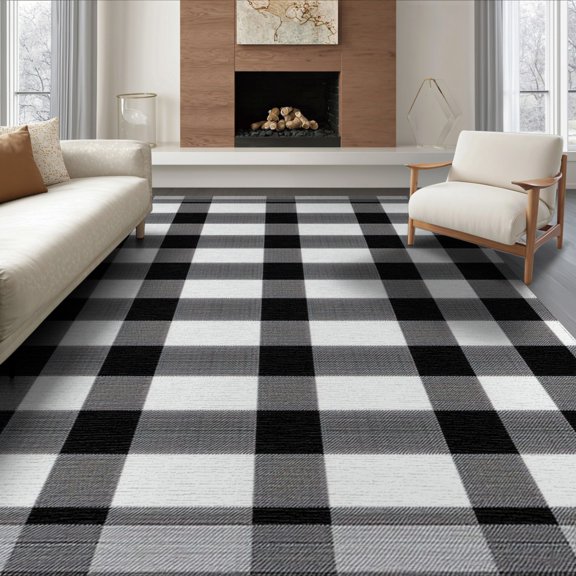 ODIKA 8'x10' Washable Area Rug Durable, Non-Slip Door Plaid Welcome Checkered Farmhouse Gingham Even Grid Front for Living Room, Under Sectional, Family