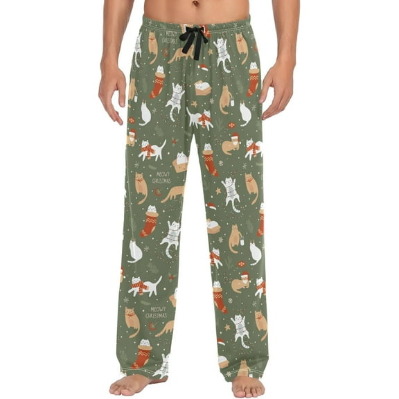 Top-kevin Christmas Cat Pajama Pants for Men Comfort Sleep Lounge Bottoms Straight-fit with Pockets S-XXL