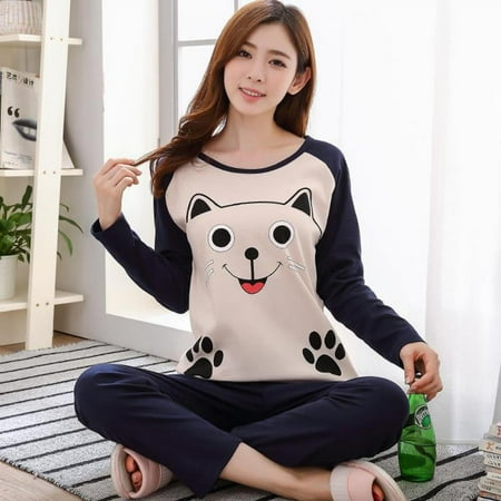 

Clearance!Women s Pajamas Set Cotton Long Sleeve Pajamas Printed Lounge Nightgowns Loose Round Neck Sleepwear