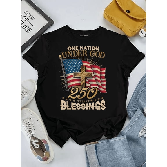 Retro Patriotic American Flag Cross T-Shirt One Nation Under God 250 Years of Blessings Christian Faith Graphic Tee for Men Women Unisex