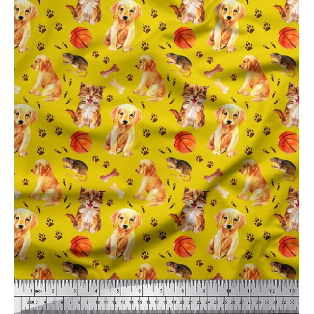 Soimoi Modal Satin Fabric Footprint,Dog & Cat Animal Printed Fabric 1 Yard 42 Inch Wide