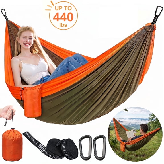 NOCOEX Camping Hammock 440lbs with Two 10ft Tree Straps, 2 D‑Carabiners & Side Pocket, Parachute Nylon Portable Lightweight Hammock for Travel, Hiking, Backpacking, Beach (Orange)